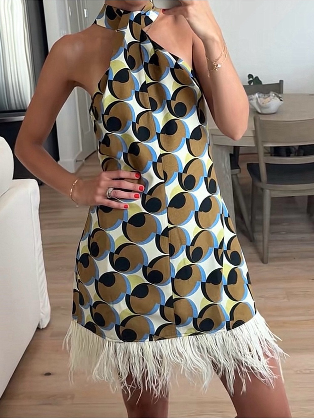 Zara Geometric Halter Dress in Tan, Black & Blue with Feather Hem